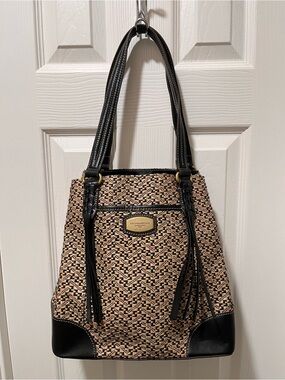 Tignanello Black and Cream Woven Shoulder Tote with Tassels